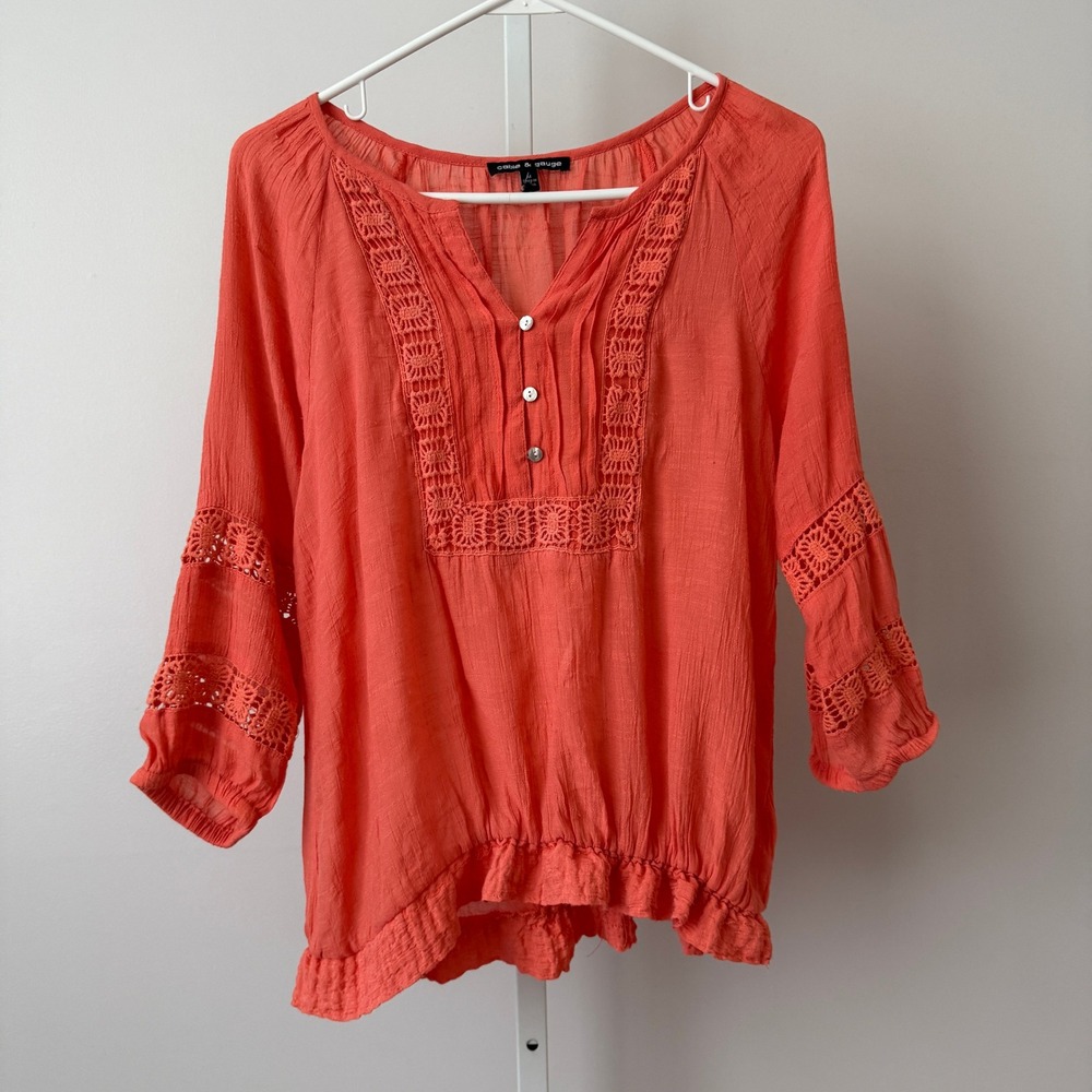 Cable & Gauge M Coral Blouse Crochet Trim Boho Peasant Top Cottage